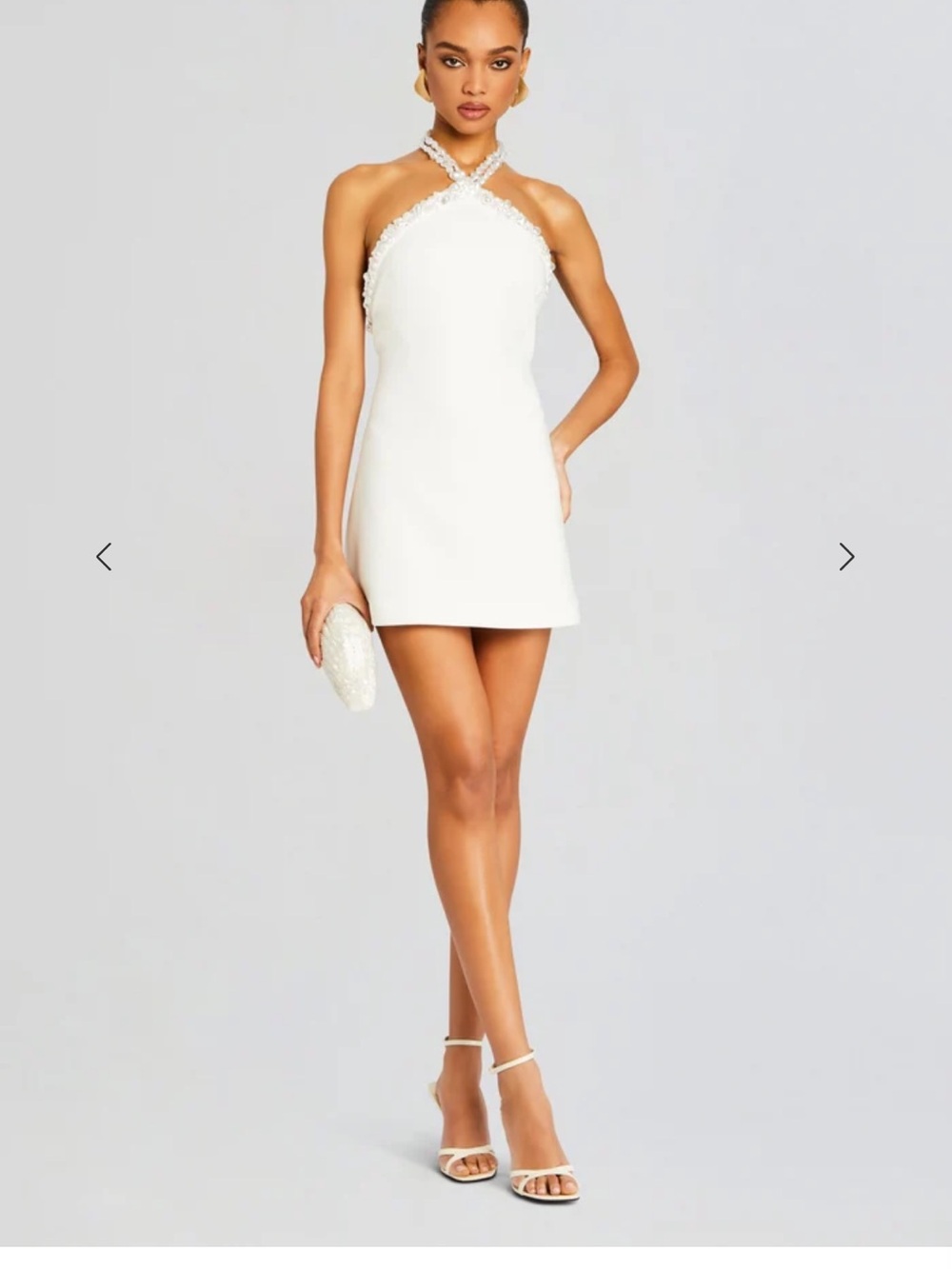 Retrofete White Halter-Neck Mini Dress with Beaded Trim